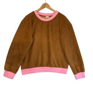 Anthropologie Maeve Cozy‎ Ringer Fuzzy Sweatshirt Honey Brown and Pink NWT